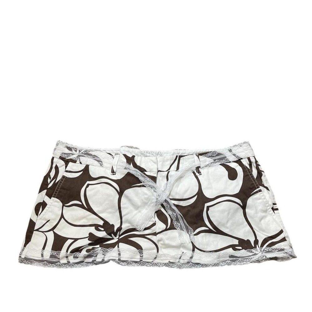 upcycled custom brown and white tropical floral mini skirt with lace trim
